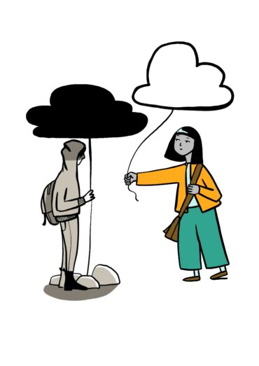 En illustration på en person under ett mörkt moln och en annan person som räcker ett ljust moln till personen.