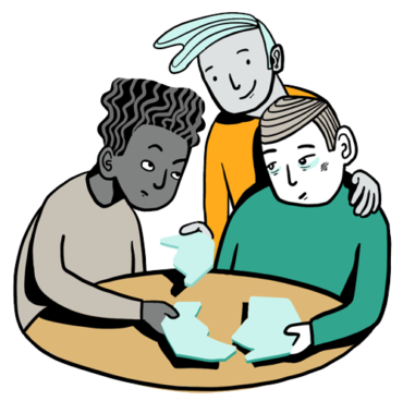 Illustration med tre personer runt ett bord som har varsin pusselbit och tittar på varandra.